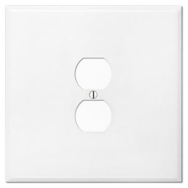 OVERSIZED Metal Outlet Cover, 2 Gang Jumbo Electrical Outlet Cover Plate (for 1 Centered Device), Wall Plate Cover for Duplex Outlets, Steel Painted White - UL Listed, 5.5" x 5.5" - Made in USA