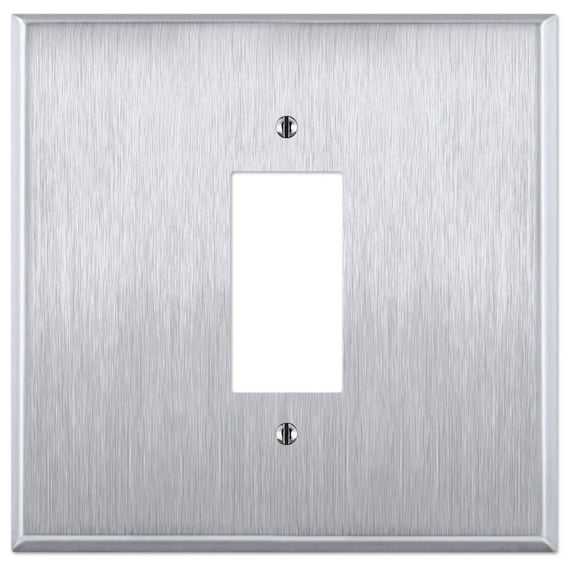 OVERSIZED Metal Switch Plate, 2 Gang Jumbo Decorator Cover Plate (for 1 Centered Device), Switch Cover for Rocker Switches, GFCI, Brushed Stainless Steel - UL Listed, 5.5" x 5.5" - Made in USA