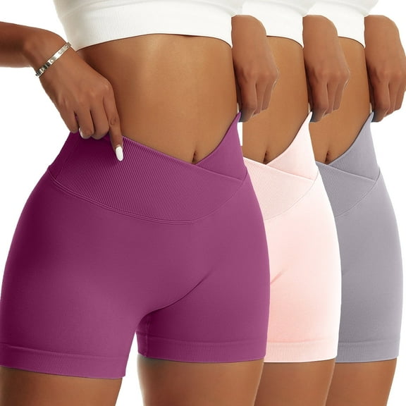 OVESPORT Women Yoga Shorts 3 Pieces V Cross High Waist Sport Shorts Workout Seamless Athletic Booty Scrunch Gym Shorts