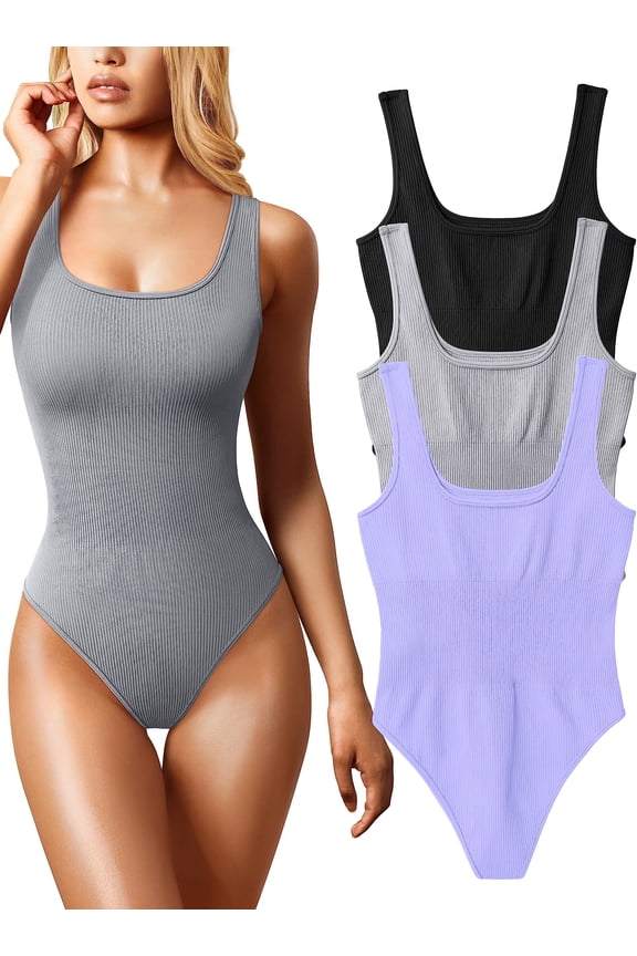 Women's 3 Piece Bodysuits Tight Ribbed Sleeveless Jumpsuit Seamless Camisole Top Tight Bodysuits