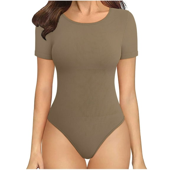 OVESPORT Women's Round Neck Bodysuits, Short Sleeved Slim Fit Top Can Be Used As An Inner Layer, Suitable For Different Occasions