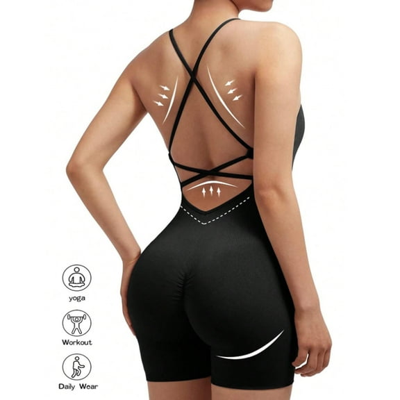 OVESPORT Women's Yoga Jumpsuits, Workout V Back Rompers for Women Seamless One Piece Tummy Control Jumpsuit Scrunch Yoga Short