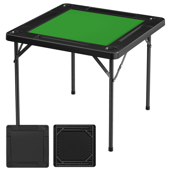OVEXIR 35.4" Folding Mahjong Table with Cup Holder & Green Felt, Portable Domino Tables for 4 Players, Black