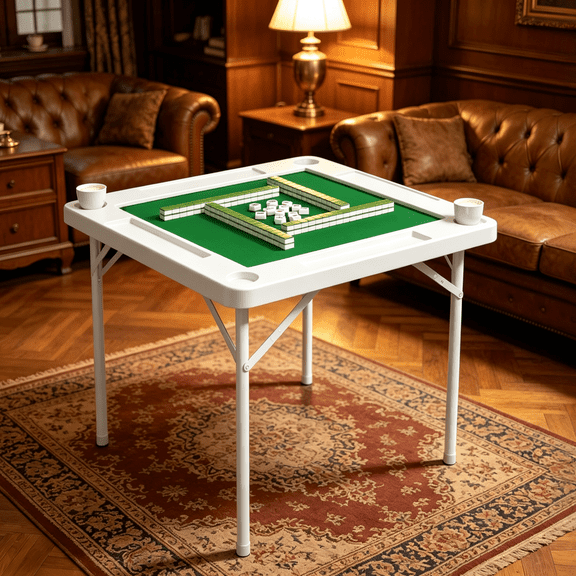 EVOKEDEN 35.4" Folding Mahjong Table with Cup Holder & Green Felt, Portable Domino Tables for 4 Players, White