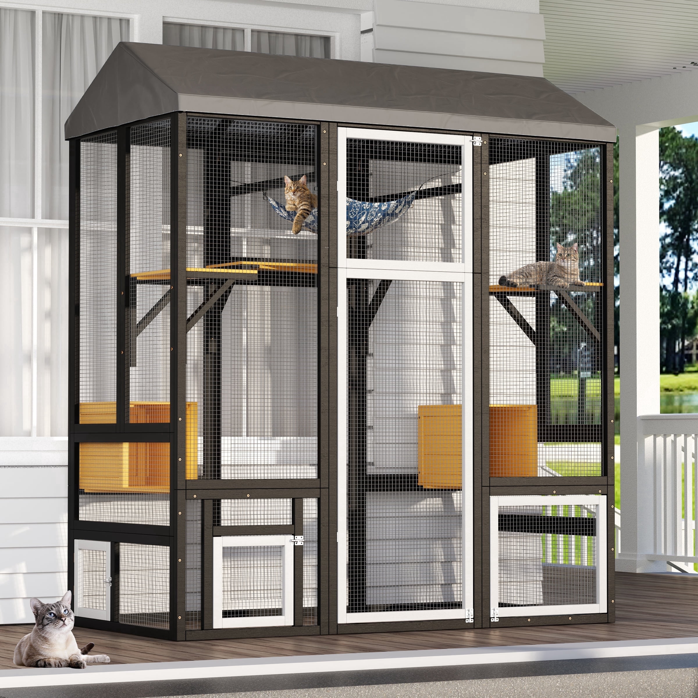 TIMHAKA 71'' Catio Outdoor Cat Enclosure, Large Cat Catio with Window Access, Hammock, 7 Platforms and 2 Resting Box, Black
