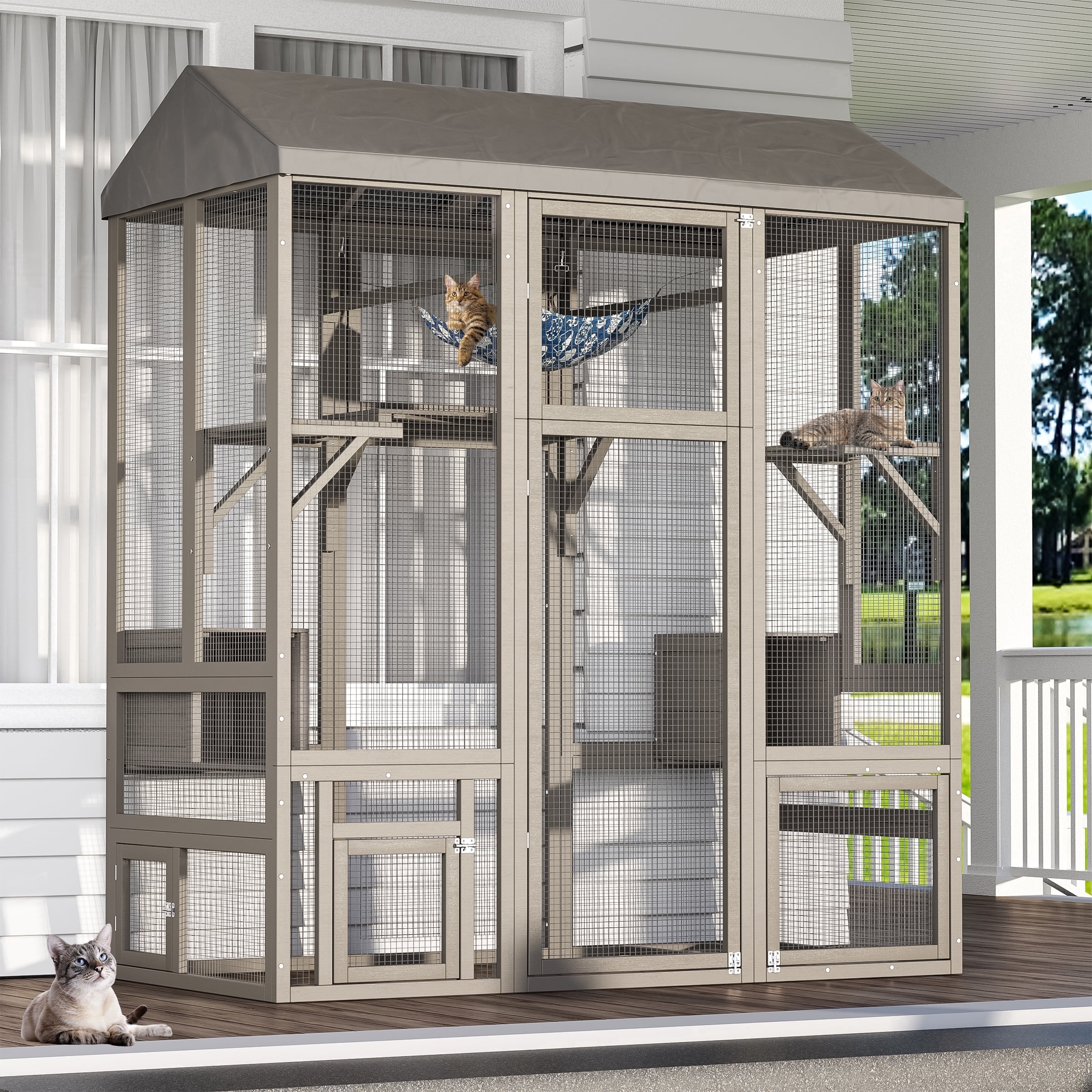 TIMHAKA 71'' Catio Outdoor Cat Enclosure, Large Cat Catio with Window Access, Hammock, 7 Platforms and 2 Resting Box, Gray