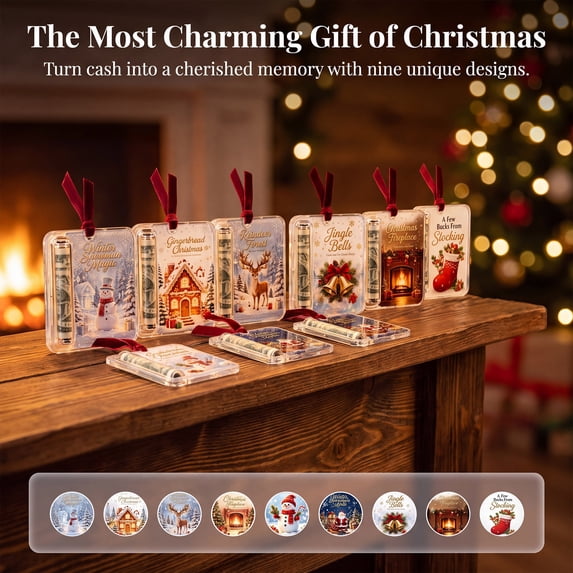 OVFUIZ Christmas Cash Gift Ornaments Hanging Money Clip, Clear Acrylic Cash Holder with Holographic Sparkle for Christmas Tree Decorations Display