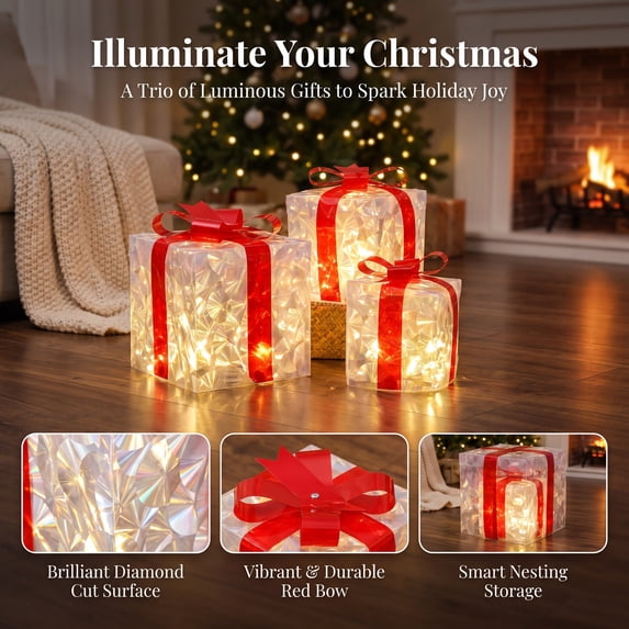 OVFUIZ Christmas Decorations Glowing Gift Boxes, LED Light Up Present Box Ornaments with Bows for Mantel Tabletop Christmas Tree Indoor Decor