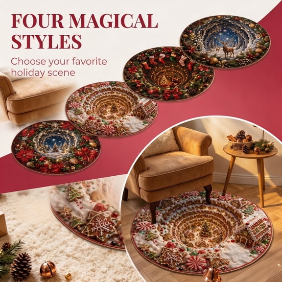 OVFUIZ Christmas Door Mat 16x16in Round 3D Velvet Rug 16x16in Festive Holiday Welcome Mat for Front Door Living Room Entryway Home Decorations