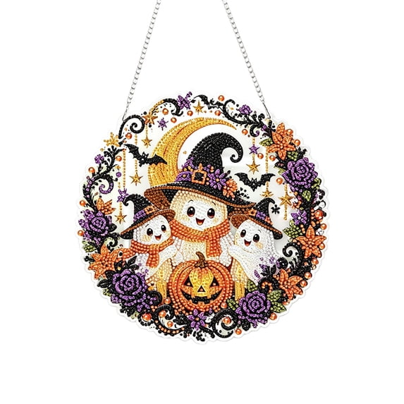 OVFUIZ Halloween Diamond Art Painting Kits for Adults Ghost Pumpkin Acrylic Window Hanging Decor DIY Sparkling Ornament Fall Home Decoration