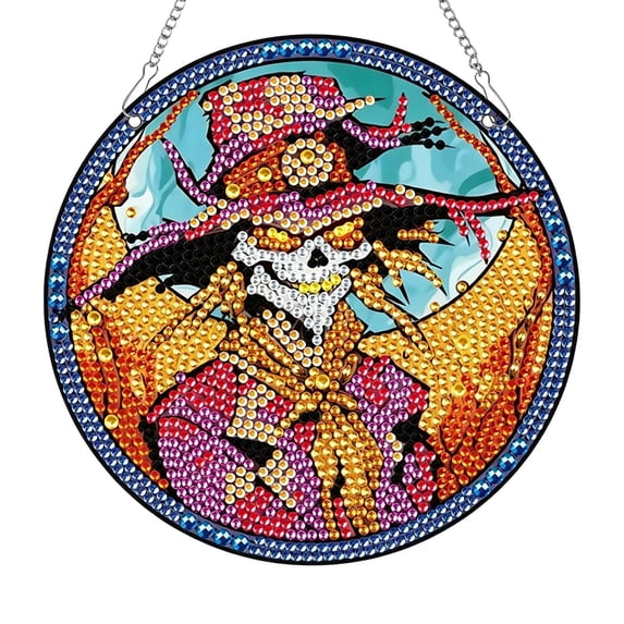 OVFUIZ Halloween Diamond Art Painting Kits for Adults Skeleton Witch Acrylic Window Hanging Decor DIY Sparkling Ornament Fall Home Decoration