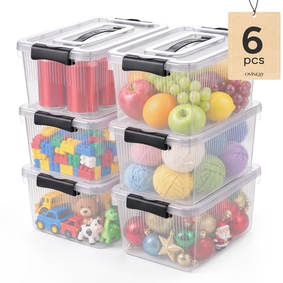OVINESY 3.5 Qt Clear Plastic Storage Bins with Lids, 6 Pack Stackable Storage Containers with Carry Handles, Food-Grade PP Organizing Bins for Toys, Crafts, Office Supplies, Accessories