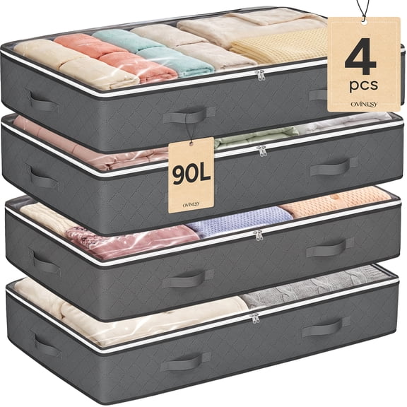 OVINESY Under Bed Storage Containers 4-Pack, Underbed Storage Bins for Clothes, Shoes, Blankets, Under the Bed Organizer with Clear Top, Sturdy Handles & Foldable Design