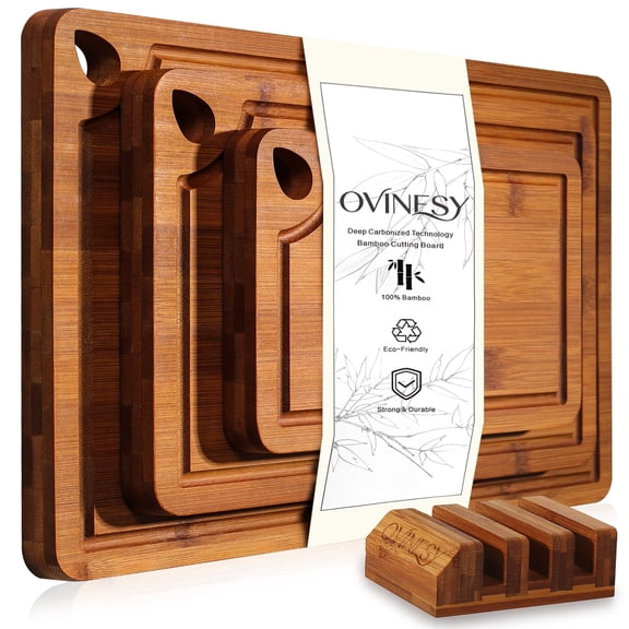 OVINESY Bamboo Cutting Board Set with Storage Stand, 4 Pcs Wood Cutting Boards for Kitchen, Deep Juice Grooves, Knife-Friendly Surface, Space-Saving Charcuterie & Meal Prep Board Set for Home Kitchen
