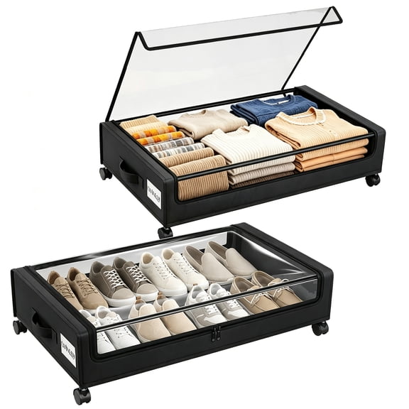 OVINESY Under Bed Storage with Wheels, 2 Pack Underbed Containers with Clear Lids & Labels, Rolling Storage Bins for Clothes Shoes Blankets, Shoe Organizer for Closet Storage