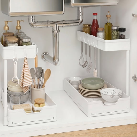 OVINESY Under Sink Organizer 2 Pack, Pull Out Drawer for Bathroom & Pantry Storage, Metal Frame Kitchen Organizer under Cabinet, Laundry Room Organization with Rust-Resistant Coating, White