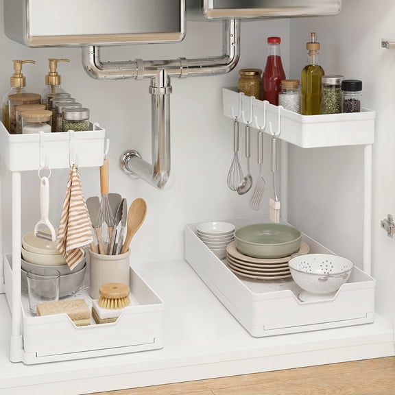 OVINESY Under Sink Organizer 2 Pack, Pull Out Drawer for Bathroom & Pantry Storage, Metal Frame Kitchen Organizer under Cabinet, Laundry Room Organization with Rust-Resistant Coating, White