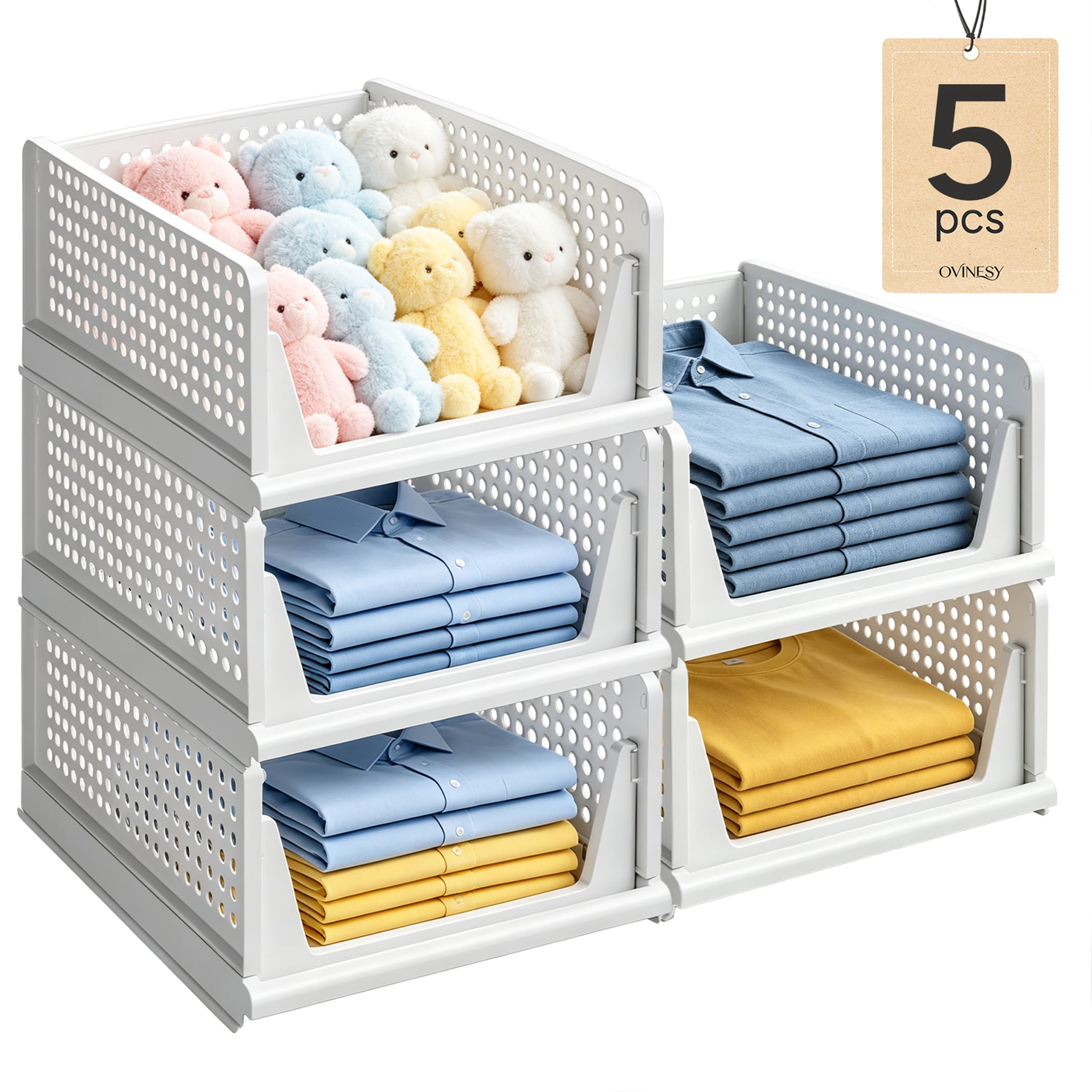 Simple Stackable Shelves OVINESY Stackable Storage Baskets for Closet Organization, 5 Pack ...