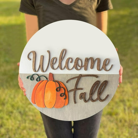 OVINYER 1-Pack Front Door Welcome Hanging Sign Plaque Fall Door Porch Sign Thanksgiving Wooden Door Sign With Pumpkin Maple Leaf Country Wall Art For Farmhouse Porch Home Decor Rustic Home Decal