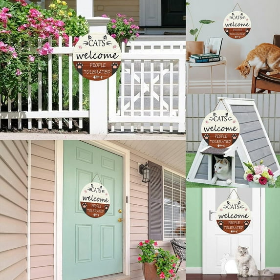 OVINYER Cute Cat Door Sign Welcome Sign Wooden Farmhouse Home Sign Door Sign For Cat Lover Front Door Farmhouse Outdoor Home Decor