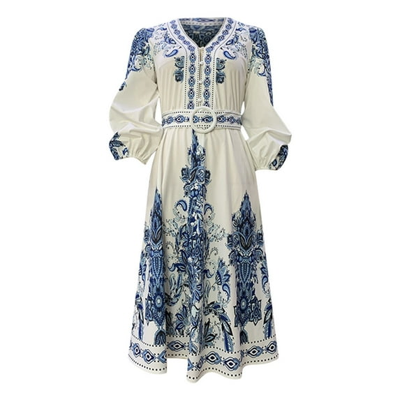 OVINYER Dress Bohemian Print V-Neck Long Sleeve Slim Fit Maxi For Women Lightweight Soft Breathable