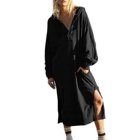 OVINYER Dress Fashion Women New Comfortable Solid Color Long Hooded Sweater Long Dress Trendy Chic Sundress