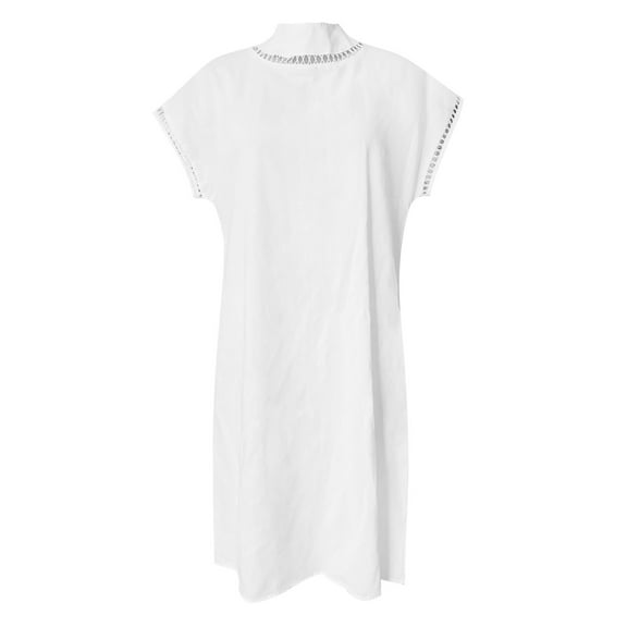 OVINYER Dress Solid Color Colour Women Short Sleeve Cotton Linen Casual Dress Comfortable Relaxed Fit