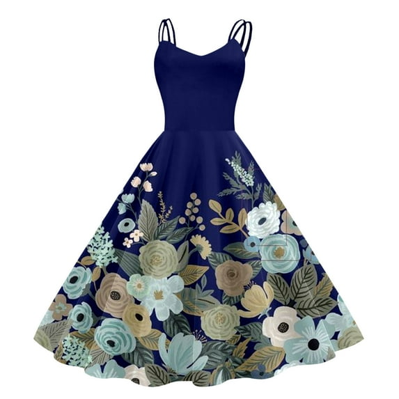 OVINYER Dress Vintage For Women Sleeveless Knee Length Retro A-Line Flared Swing Formal Prom Party Dress For Holiday Travel Date