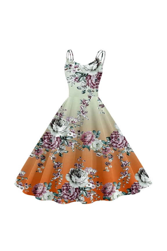 Dress Vintage For Women Sleeveless Knee Length Retro A-Line Flared Swing Formal Prom Party Dress Ladies Beach Sundress