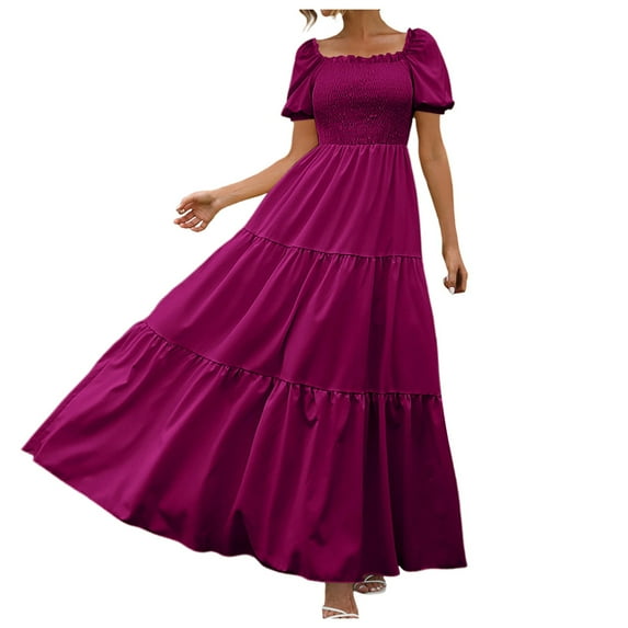 OVINYER Dress Women Floral Boho Wrap O-Neck Short Sleeve Belted Ruffle Hem A-Line Flowy Maxi Dresses Ladies Beach Sundress