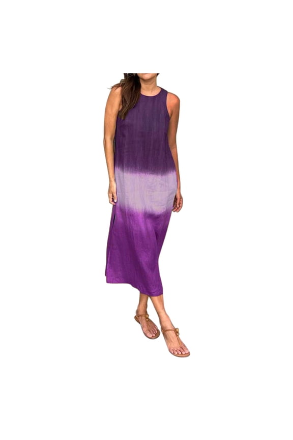 Dress Women Casual Cotton Linen Sleeveless Slit Gradient Tie Dye Long Dress Ladies Beach Sundress