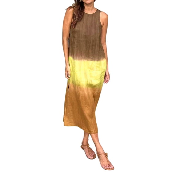 OVINYER Dress Women Casual Cotton Linen Sleeveless Slit Gradient Tie Dye Long Dress Stylish Party Sundress