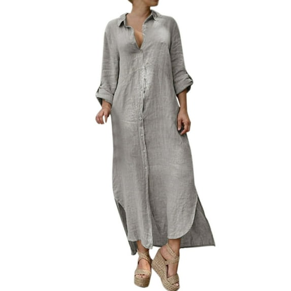 OVINYER Dress Women Casual Long Sleeve V-Neck Slim Fit Fashion Button Up Sexy Linen Blend Long Dress Ladies Beach Sundress