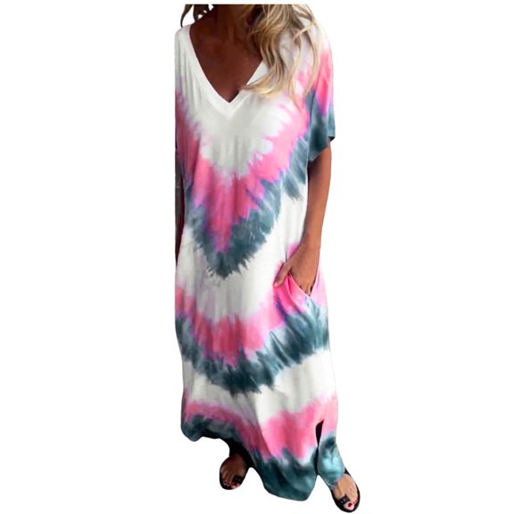 OVINYER Dress Women Casual Loose Short Sleeve V-Neck Slit Tie Dye Long Dress Classic Elegant Style