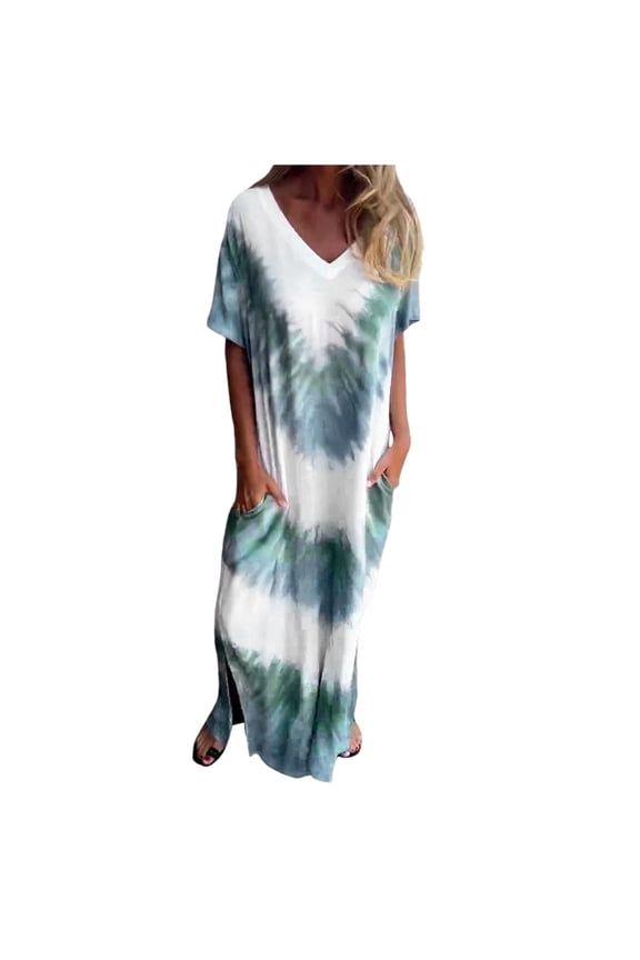 Dress Women Casual Loose Short Sleeve V-Neck Slit Tie Dye Long Dress For Vacation Weekend Date