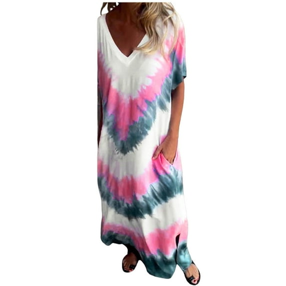 OVINYER Dress Women Casual Loose Short Sleeve V-Neck Slit Tie Dye Long Dress Lightweight Soft Breathable