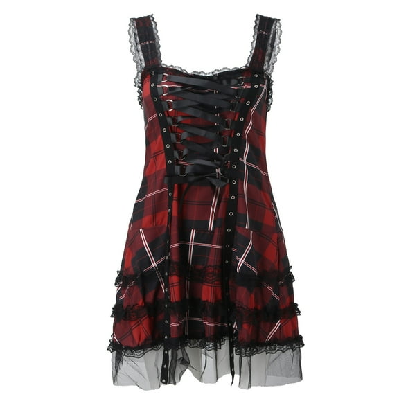 OVINYER Dress Women Lace Patchwork Plaid Lace Sleeveless Skirt Fashion Lightweight Soft Breathable