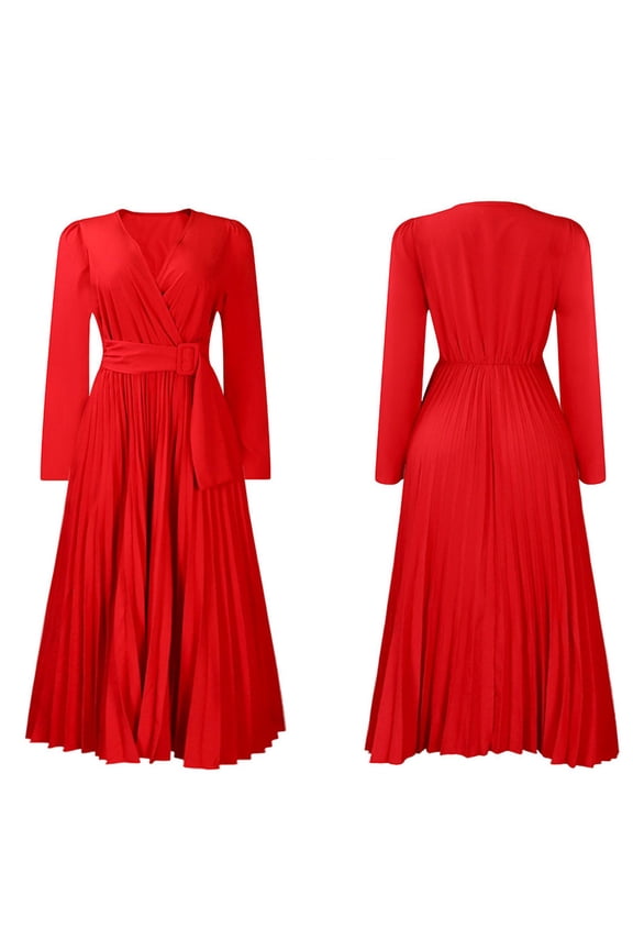 Dress Women Long Spring Dresses V-Neck Long Sleeve Pleated Midi With Belt Flowy Boho Dresses