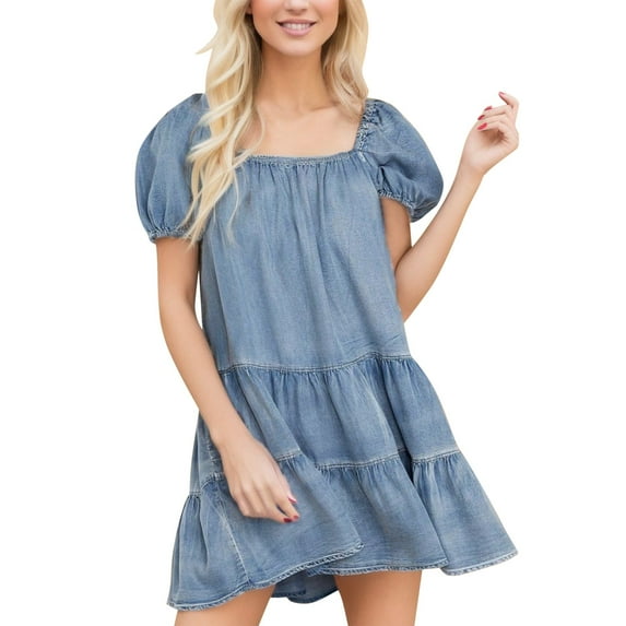 OVINYER Dress Women Loose Cake Short Sleeve Denim Dress Charming Relaxed Fit