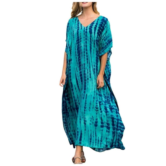 OVINYER Dress Women Plus Size Kaftans Casual V-Neck Long Soft Beach Maxi For Summer Female Beach Sundress