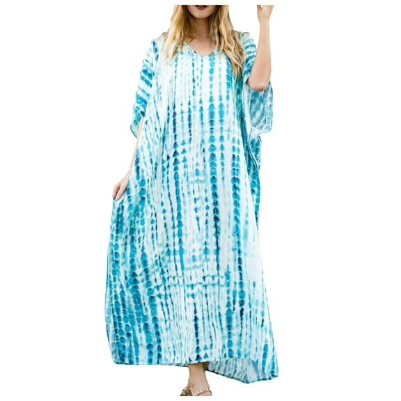 OVINYER Dress Women Plus Size Kaftans Casual V-Neck Long Soft Beach Maxi For Summer Flowy Boho Dresses