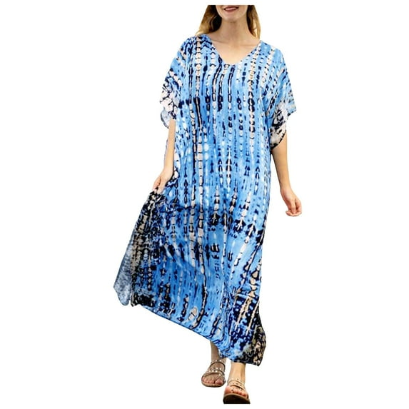 OVINYER Dress Women Plus Size Kaftans Casual V-Neck Long Soft Beach Maxi For Summer Flowy Boho Dresses