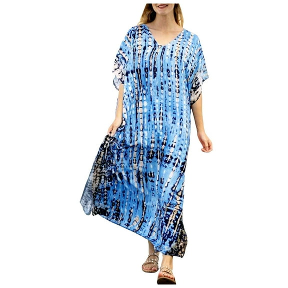 OVINYER Dress Women Plus Size Kaftans Casual V-Neck Long Soft Beach Maxi For Summer Flowy Boho Dresses