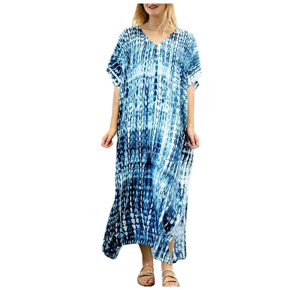 OVINYER Dress Women Plus Size Kaftans Casual V-Neck Long Soft Beach Maxi For Summer For Vacation Weekend Date