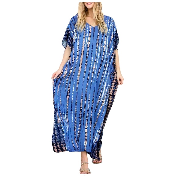 OVINYER Dress Women Plus Size Kaftans Casual V-Neck Long Soft Beach Maxi For Summer For Weekend Travel Date