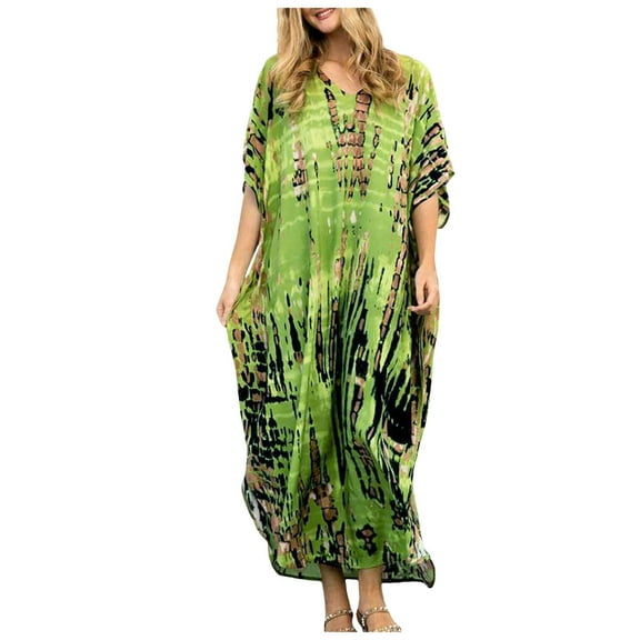 OVINYER Dress Women Plus Size Kaftans Casual V-Neck Long Soft Beach Maxi For Summer Lightweight Soft Breathable