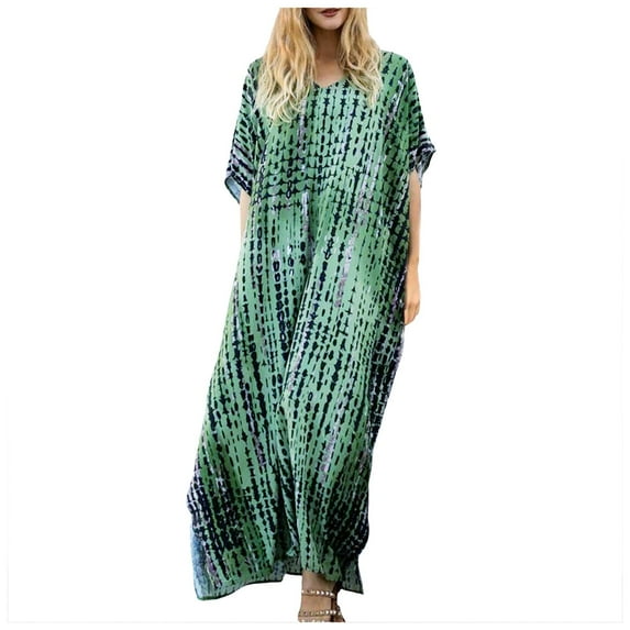 OVINYER Dress Women Plus Size Kaftans Casual V-Neck Long Soft Beach Maxi For Summer Trendy Chic Sundress