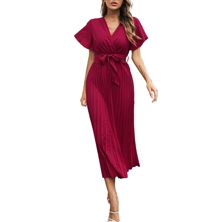 OVINYER Dress Women Summer Pleated Maxi Wrap V-Neck Ruffle Cap Sleeves Long  Flowy Chiffon With Belt For Vacation Weekend Date