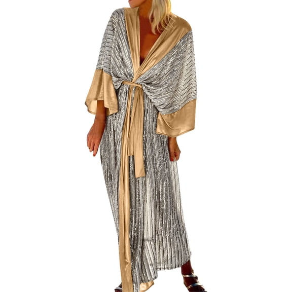OVINYER Dress Womne Wear Sequin Cardigan Bat Sleeve Party Holiday V-Neck Sequin Long Evening Romantic Bohemian Style Dress