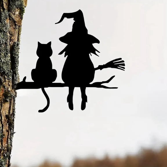 OVINYER Witch And Cat Stake Witch Cat Garden Sign | Outdoor Decor | Black Metal Cat Decor Outdoor Garden Silhouette Stylish And Creative Rustic Home Decal